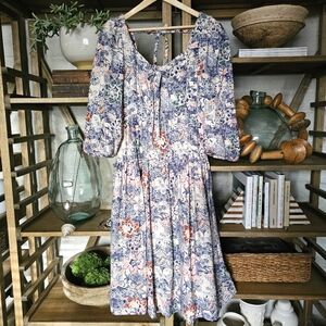 Anthropologie Moon River Floral Sweetheart Neck Midi Dress Pink Navy Floral Sz M